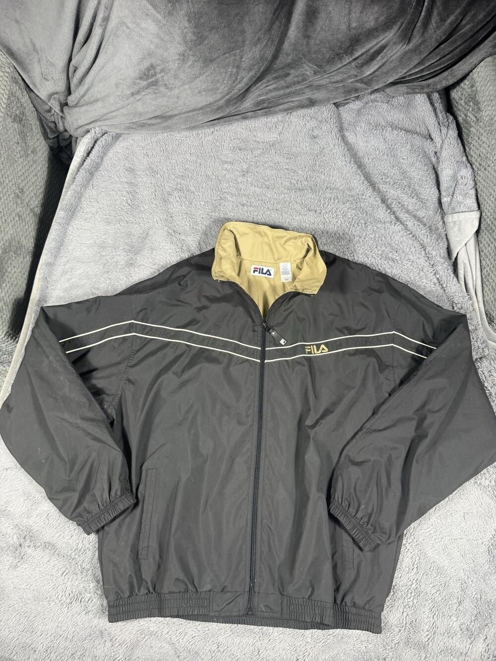 Vintage FILA Windbreaker Jacket Mens XL Black Tan Lined Full Zip Logo Striped